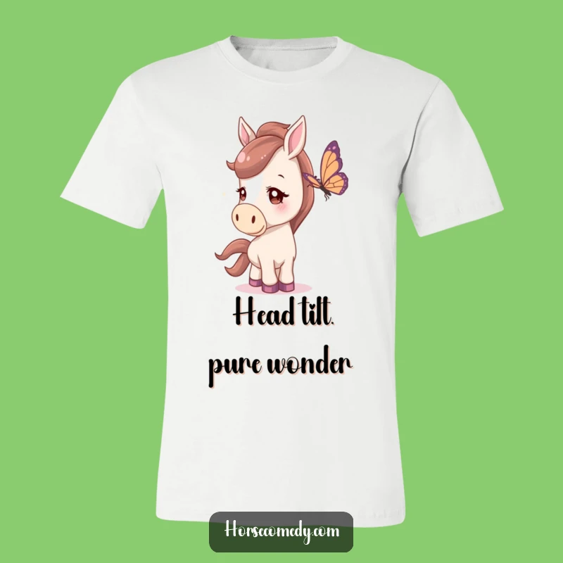 Funny Horse T-Shirt: Horse with curious tilt watching butterfly, a hilariously charming tee for equestrians and a great gift.