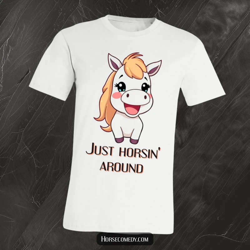Funny T-Shirt showing a happy horse creature with its mouth open in a cheerful neigh, radiating infectious joy.