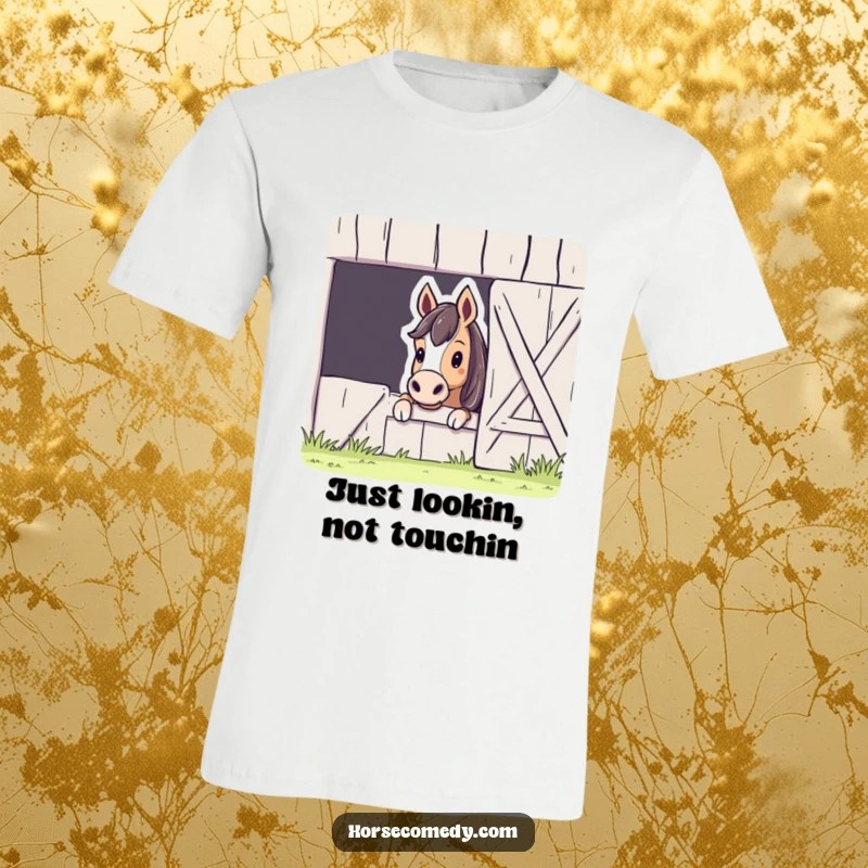 Funny Horse Barn Peek T-Shirt showing a curious horse peeking from a large barn door, radiating playful mischief and charm.