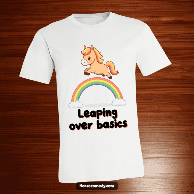 Funny horse t-shirt, cute character in mid-air leaping over a small colorful rainbow arch, conveying pure happiness.