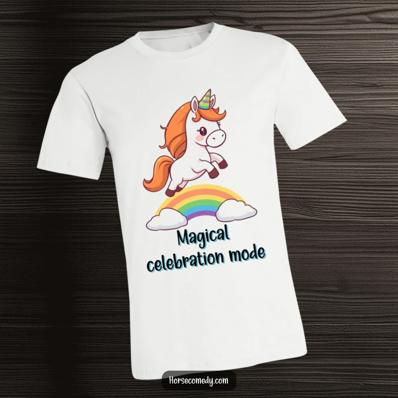 Funny t-shirt featuring a horse wearing a small party hat, executing a joyful leap over a colorful rainbow.