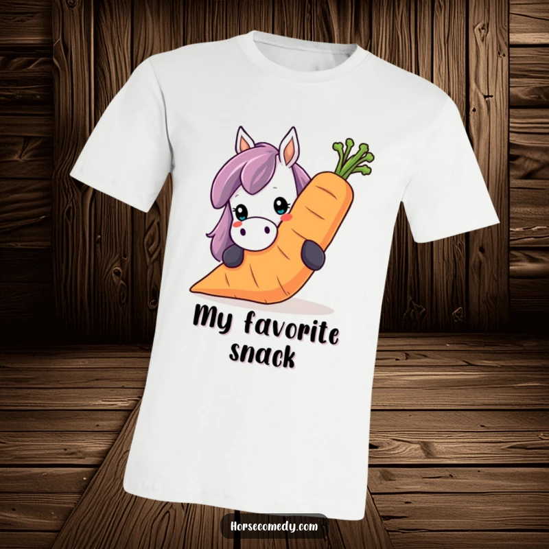 Funny horse t-shirt, showing a horse peeking over an oversized, smiling carrot. Hilarious and charming.