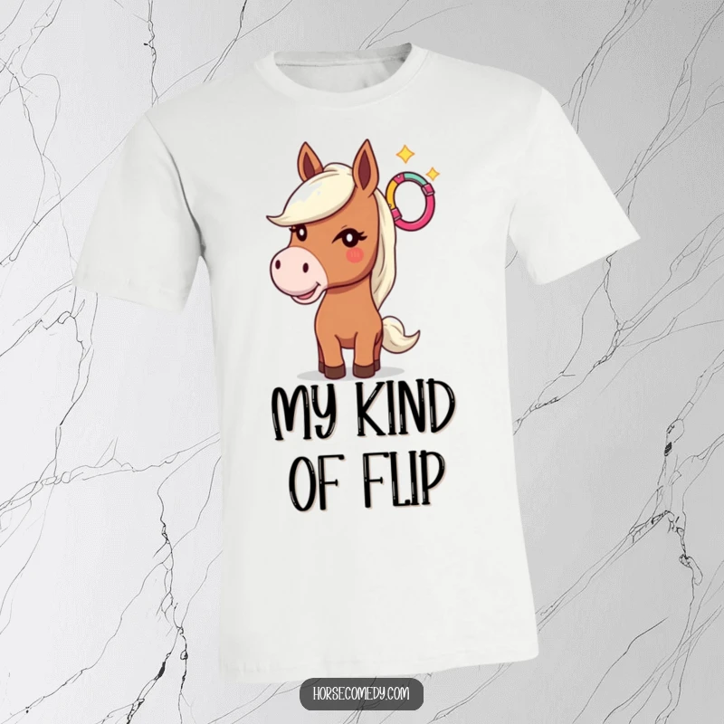 Funny t-shirt depicting a horse giving a cheeky wink as it tosses a vibrant horseshoe into the air, for apparel.
