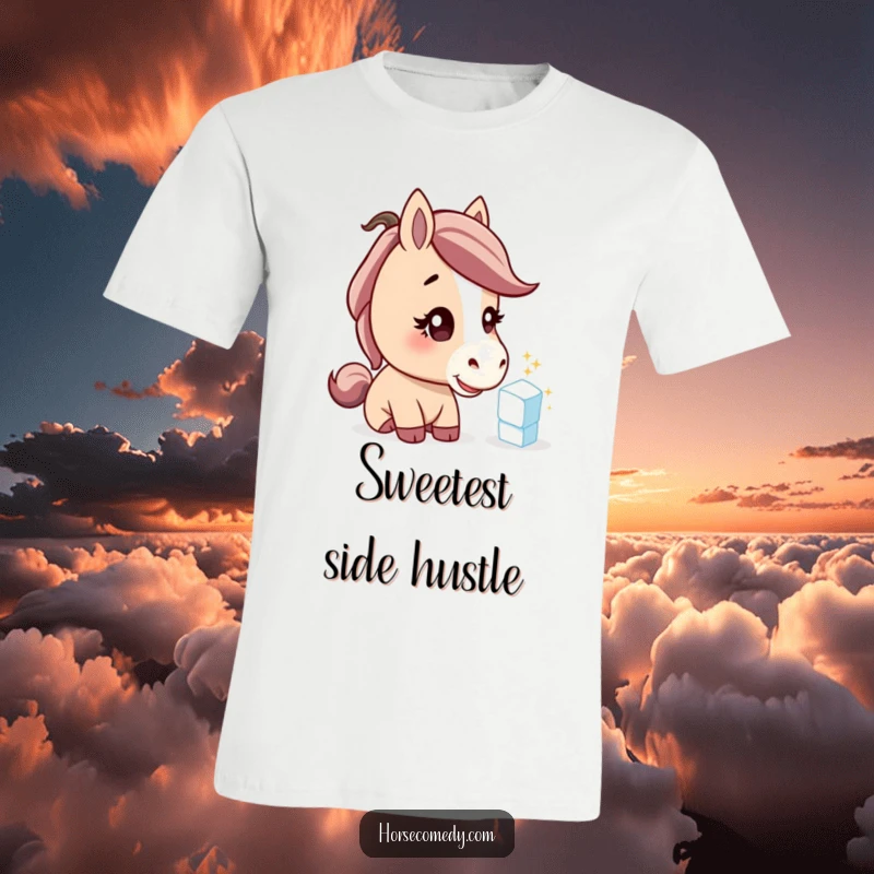 Funny horse t-shirt, curious horse tilting head to examine a sparkling sugar cube, humorous equestrian apparel gift.