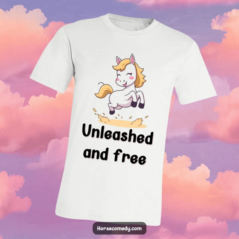 Funny t-shirt featuring a horse in a joyful leap, kicking up dust, capturing a moment of pure, uninhibited happiness.