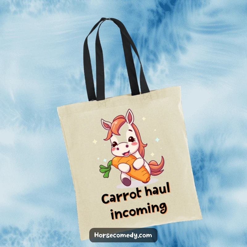 Funny horse tote bag featuring a happy horse character joyfully munching on a huge, vibrant carrot, symbolizing pure, simple pleasure.