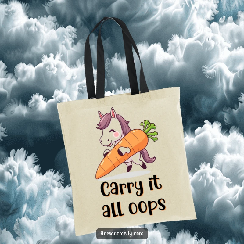 Funny horse character tripping while carrying an enormous carrot, depicted on a humorous and practical tote bag.