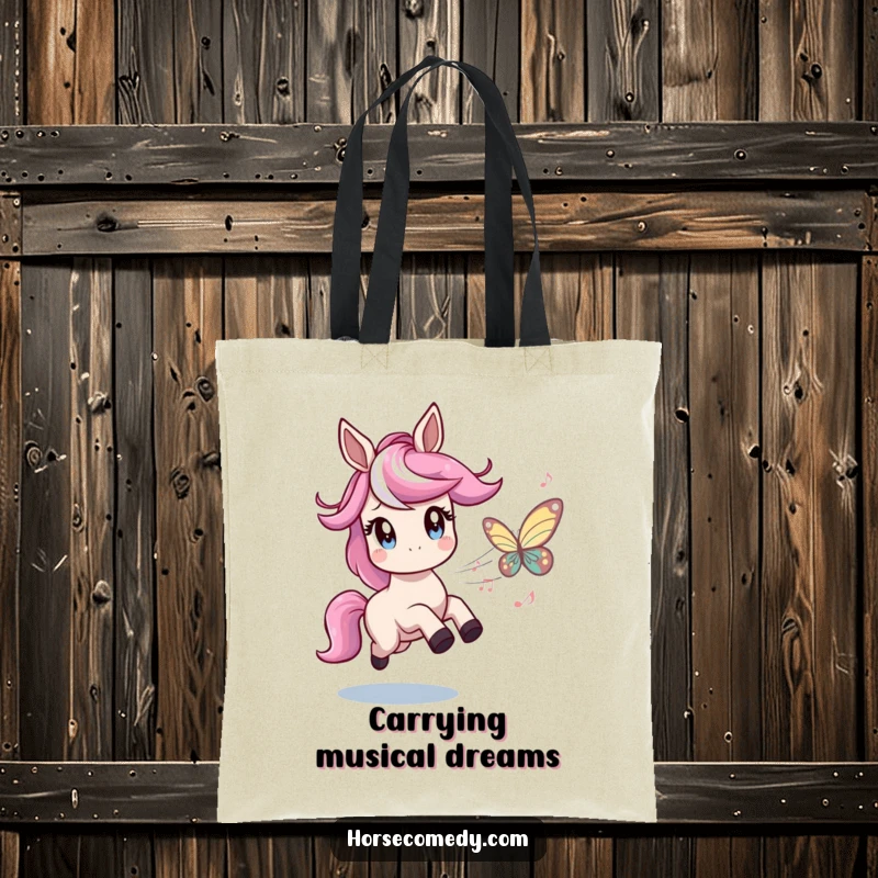 Funny tote bag with a horse character with twinkling eyes playfully chasing a butterfly made of musical notes, perfect for carrying items musically.