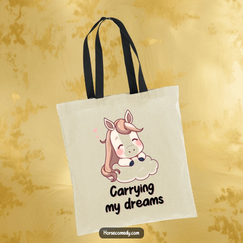 Funny horse tote bag, a contented horse's head resting on a soft fluffy cloud, serene and humorous design.