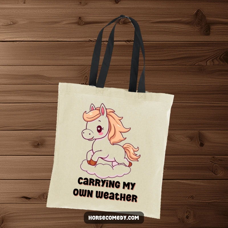 Funny horse tote bag with a fluffy horse, flowing mane, excitedly galloping on a cloud.