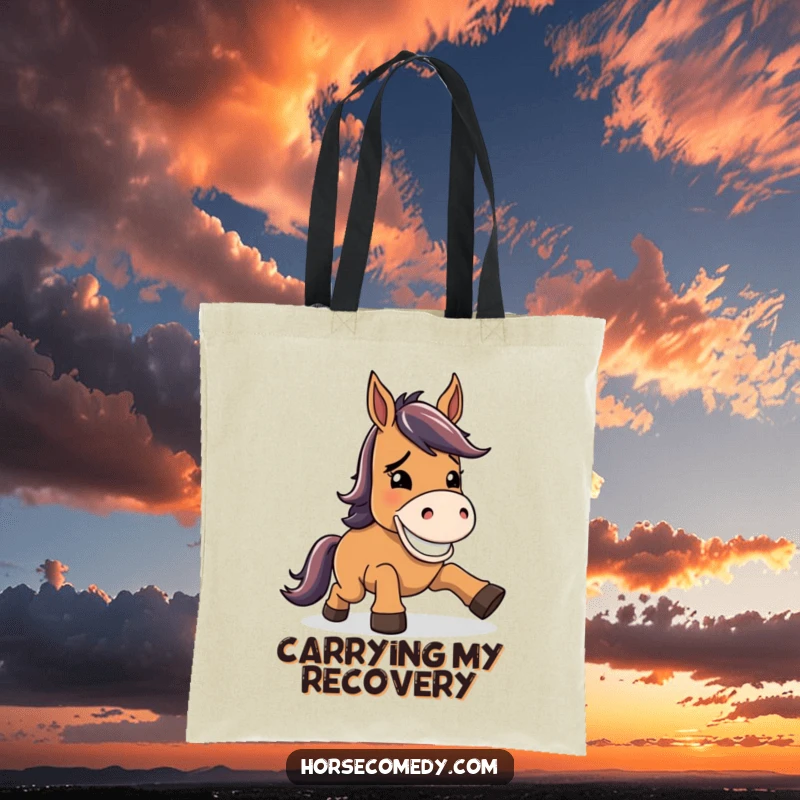 Funny horse tote bag, character stumbling slightly, then offering a wide, goofy grin, showcasing resilience and good cheer.