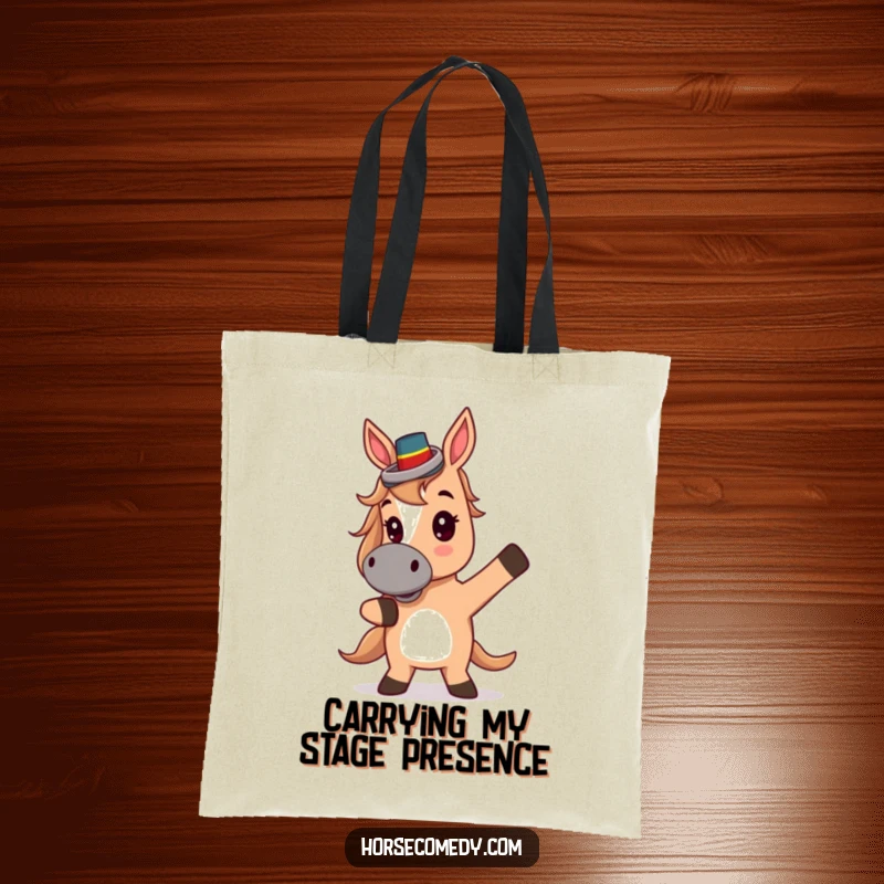 Funny Tote Bag: A cute horse with a tiny top hat strikes a bold theatrical pose, ready to carry your items.