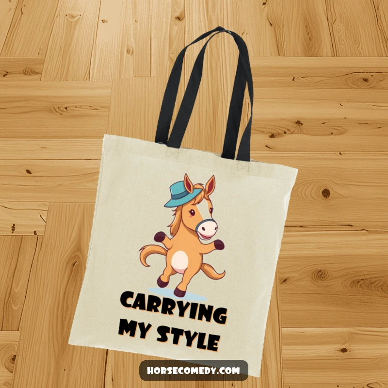 Funny horse character elegantly waltzing with a hat on its nose on a tote bag, bringing sophisticated amusement.