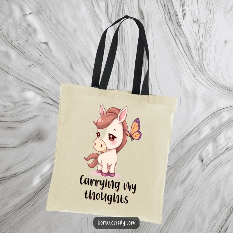 Funny Tote Bag featuring a horse with a curious head tilt, watching a butterfly, perfect for carrying nature's treasures.