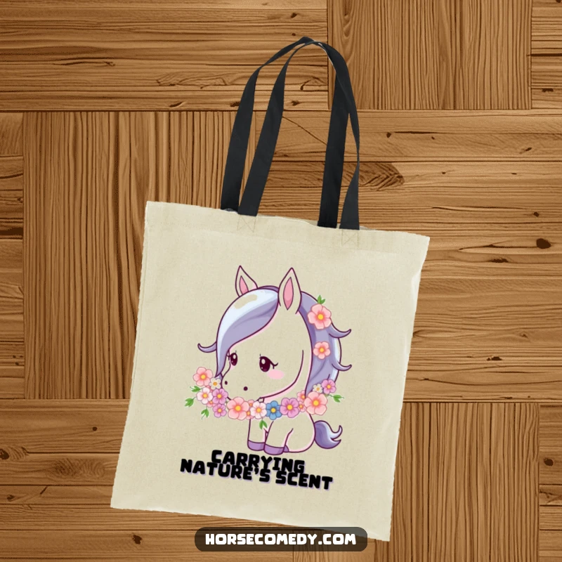 Funny Horse Flower Garland Tote Bag showing a horse nuzzling a flower garland, perfect for carrying essentials with a touch of natural grace and charm.