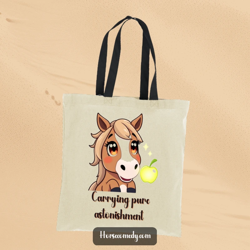 Funny tote bag depicting a horse with huge, amazed eyes witnessing a mystical glowing apple appear, great for shoppers.