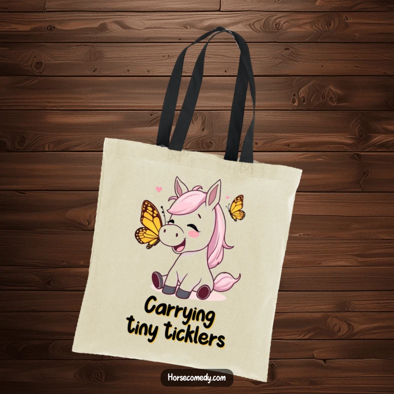 Funny horse character giggling while being tickled by a playful butterfly on a tote bag, symbolizing pure, comical delight.