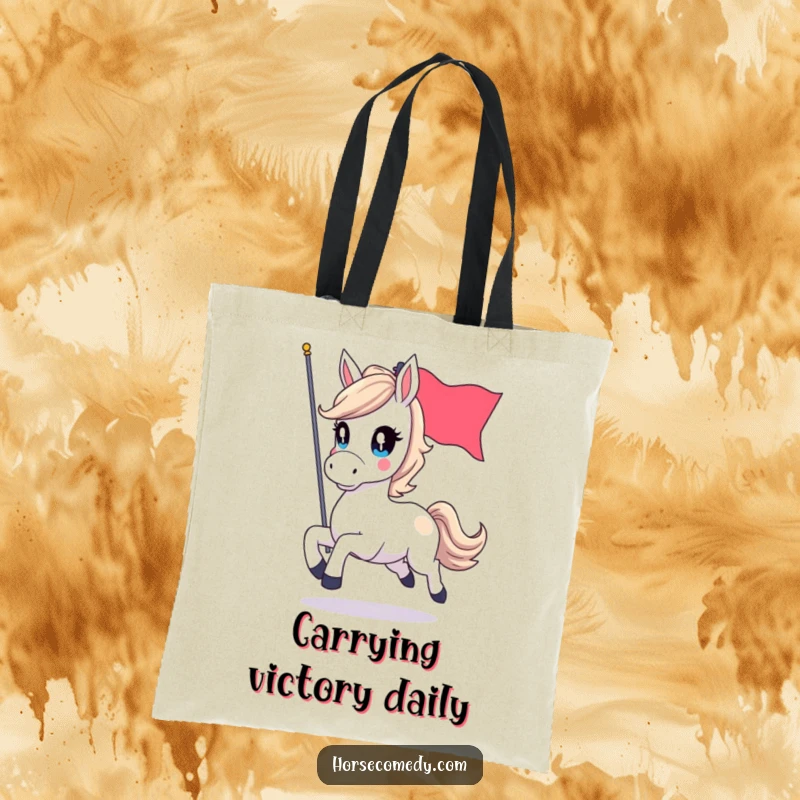 Funny tote bag design of a horse galloping with sparkling eyes and a fluttering flag, symbolizing energy and movement.