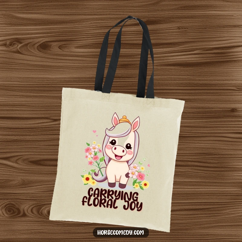 Funny tote bag showing a horse with a big grin, a silly hat, and a bouquet of flowers, great for shoppers.
