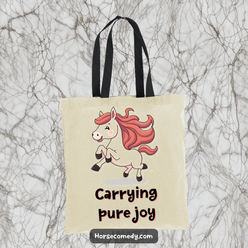 Funny horse tote bag, illustrating a horse joyfully galloping with its legs kicked high. Ideal for carrying daily items.