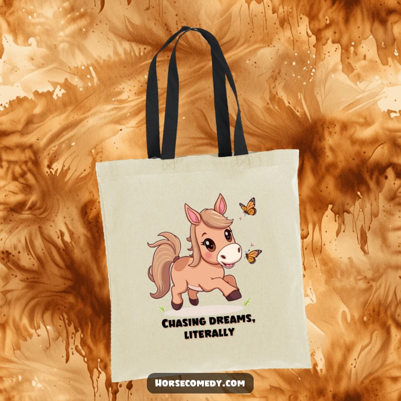 Funny Horse Butterfly Chase Tote Bag showing a horse excitedly chasing a butterfly, perfect for carrying essentials with a dose of playful charm.