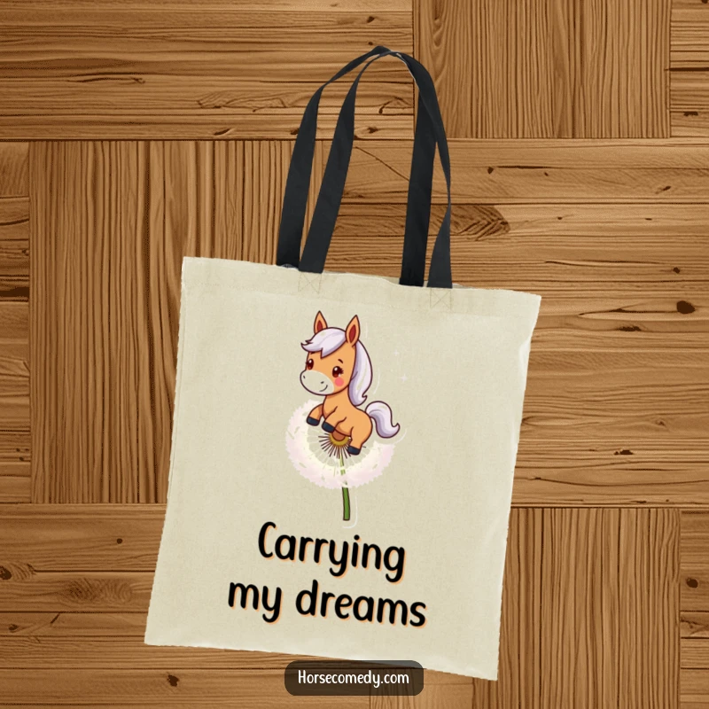 Funny Horse Tote Bag: A smiling horse character rides on a giant dandelion seed, symbolizing carefree adventure and whimsical travel.