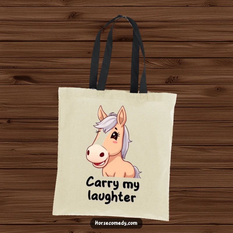 Funny horse tote bag, horse with exaggerated floppy ears, laughing joyfully, adding a whimsical and amusing flair.