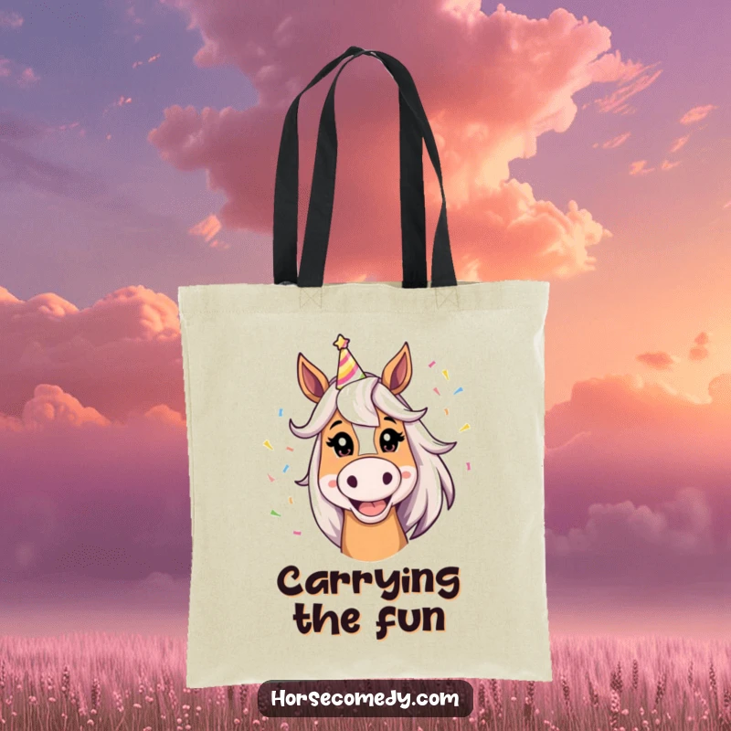 Funny Horse Tote Bag featuring a silly grin horse with a party hat and confetti, perfect for errands and fun.