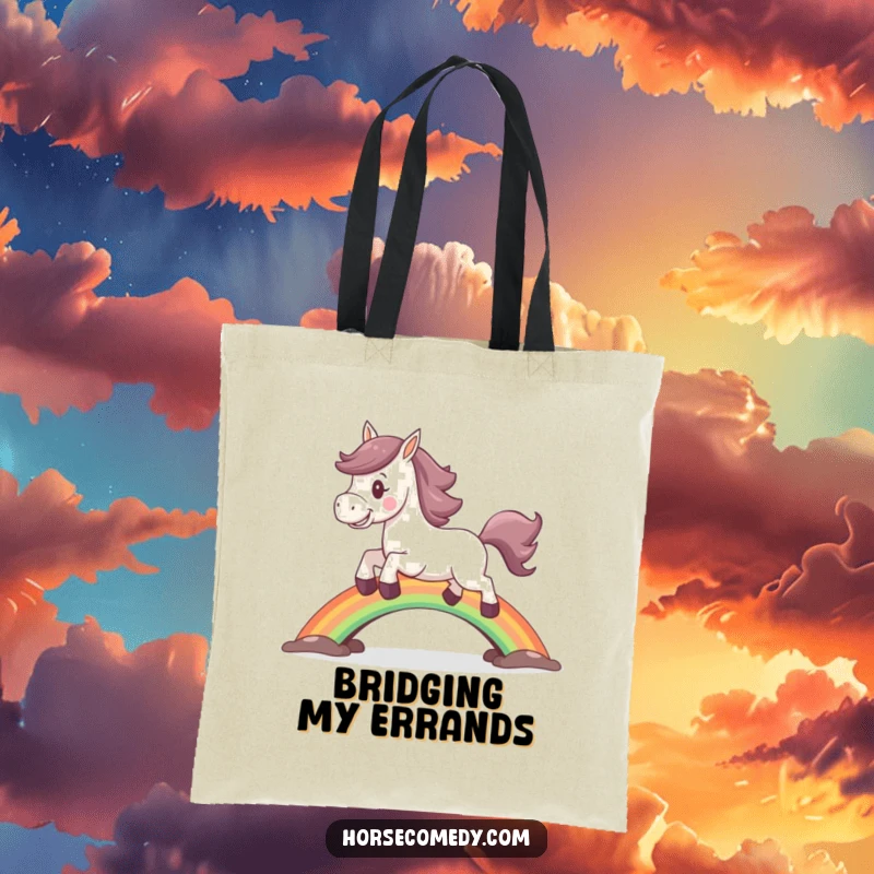 Funny horse tote bag depicting a joyful horse leaping over a vibrant rainbow bridge.