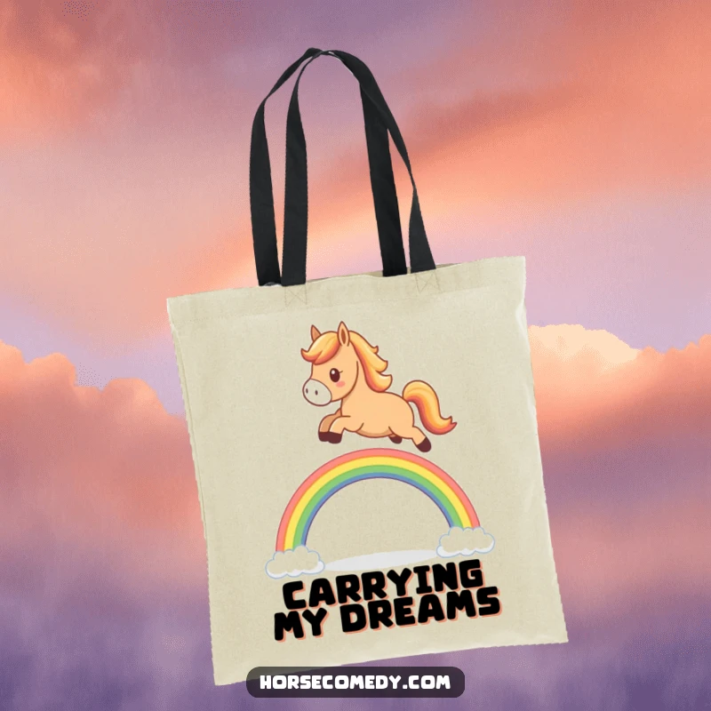 Funny horse tote bag, cute character jumping over a small rainbow, showcasing a cheerful and optimistic vibe.