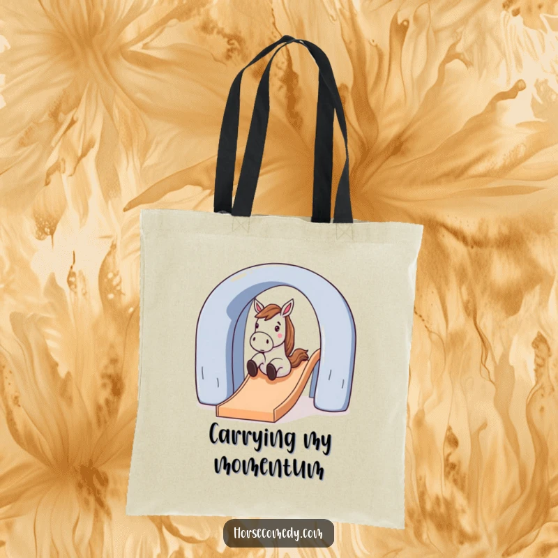 Funny horse character gleefully sliding down a large, arched slide on a tote bag, bringing playful vibes to errands.