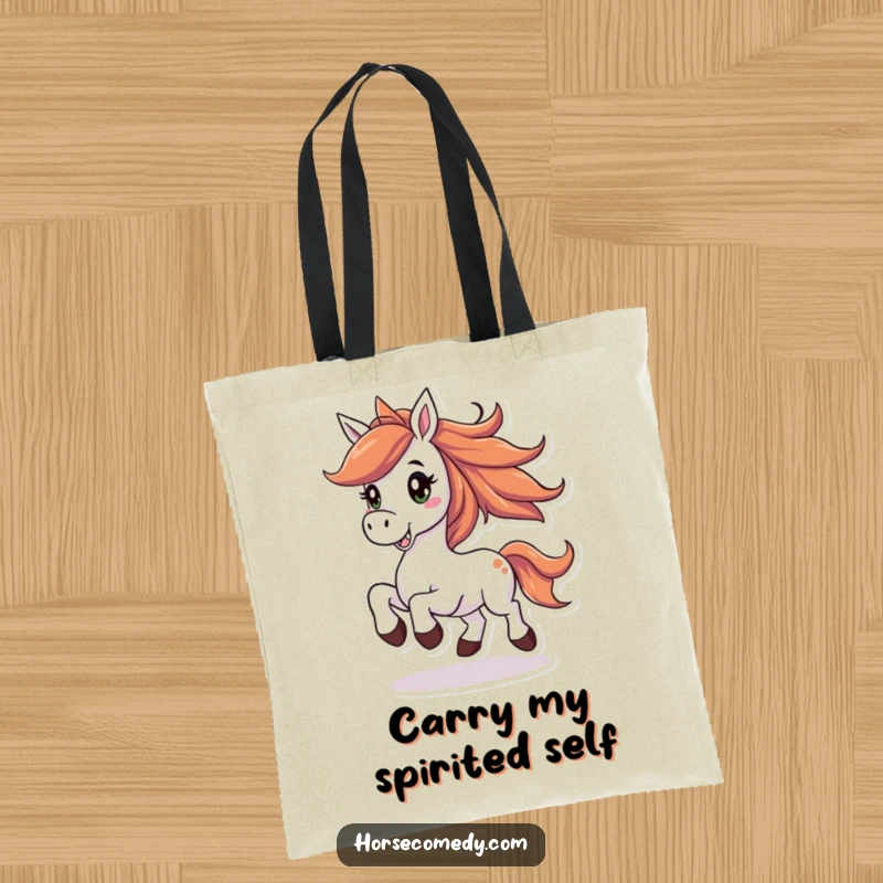 Funny horse tote bag depicting a joyful horse with a flowing mane, prancing with a big smile, perfect for everyday use.