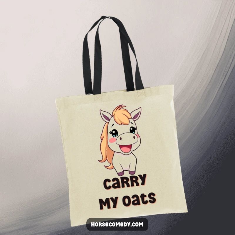 Funny Tote Bag featuring a happy horse creature with its mouth open in a cheerful neigh, perfect for carrying essentials.