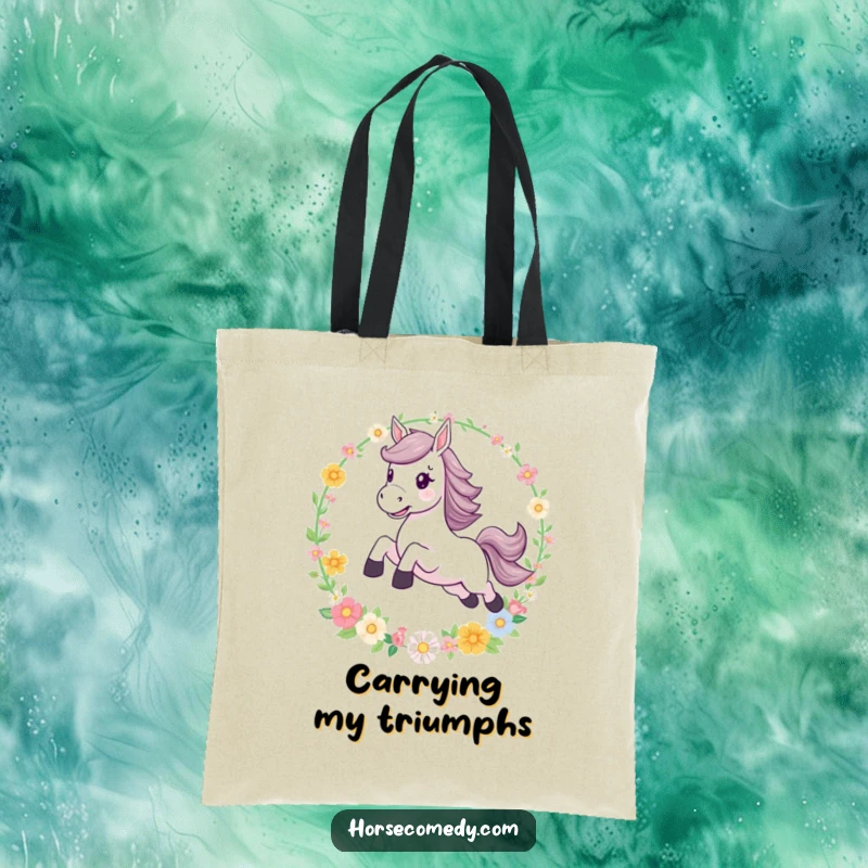Funny leaping horse flower hoop tote bag, ideal for carrying daily items while showcasing a fantastical scene of equestrian grace and floral magic.