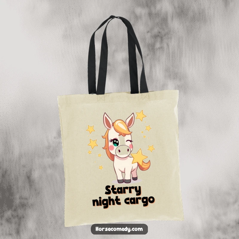 Funny horse tote bag showing a mischievous horse character winking while juggling oversized, bright stars, perfect for carrying dreams.