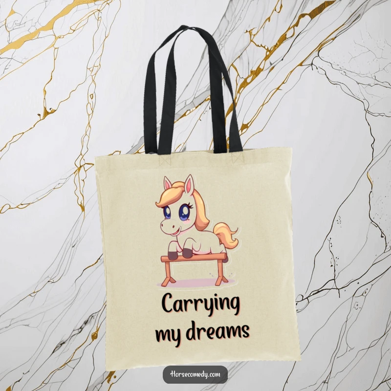 Funny Tote Bag: A horse with oversized, sparkling eyes is captured mid-playful leap over a small obstacle.