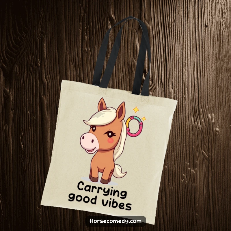 Funny tote bag with a horse winking and tossing a colorful horseshoe, ideal for carrying essentials with style.