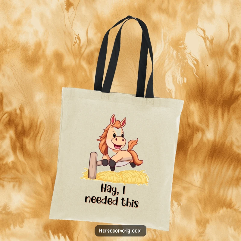 Funny horse tote bag with a playful grin, sliding down a banister made of hay.