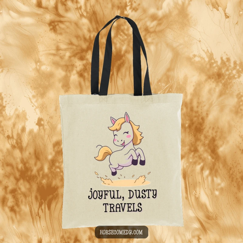 Funny tote bag featuring a horse performing a joyful leap and kicking up dust, perfect for carrying essentials with flair.