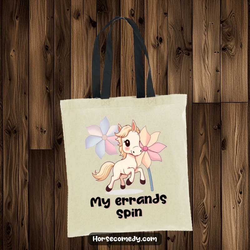 Funny Horse Cub Tote Bag depicting a young horse cub joyfully chasing a large, spinning pinwheel with playful abandon.