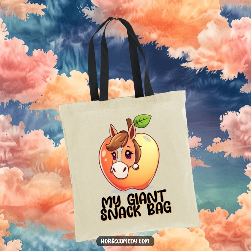 Funny horse character peeking from behind a giant, sparkling apple with a curious gaze on a tote bag, perfect for carrying secrets.