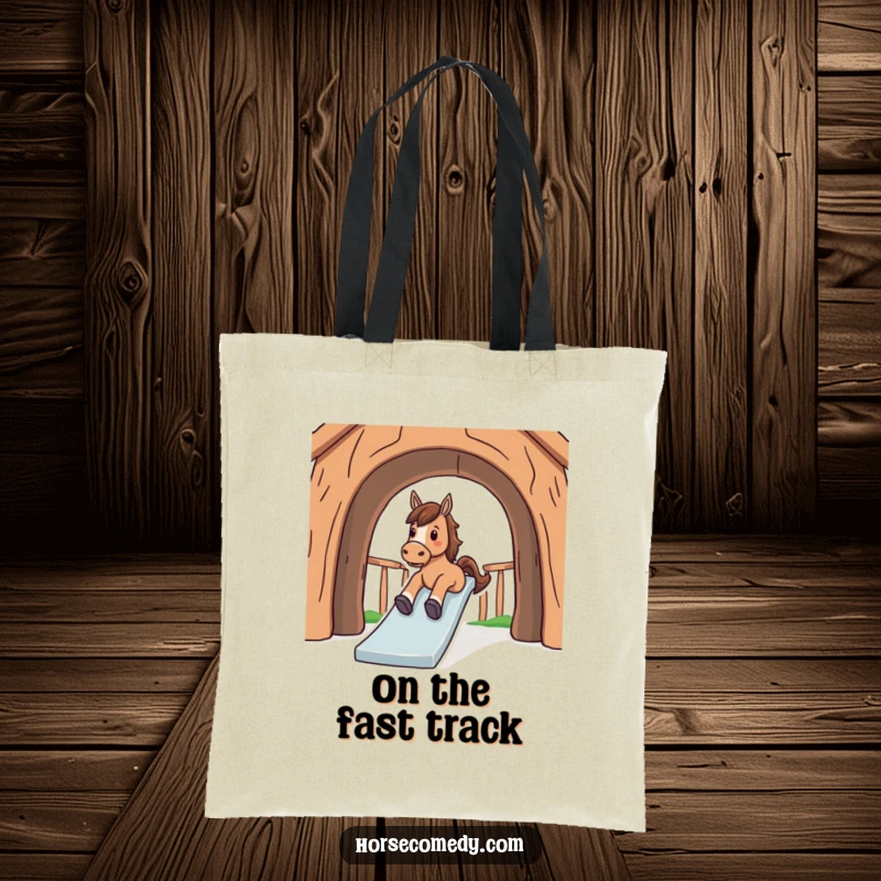 Funny tote bag with a horse delightfully sliding down a long, arched structure, showing pure exhilaration.